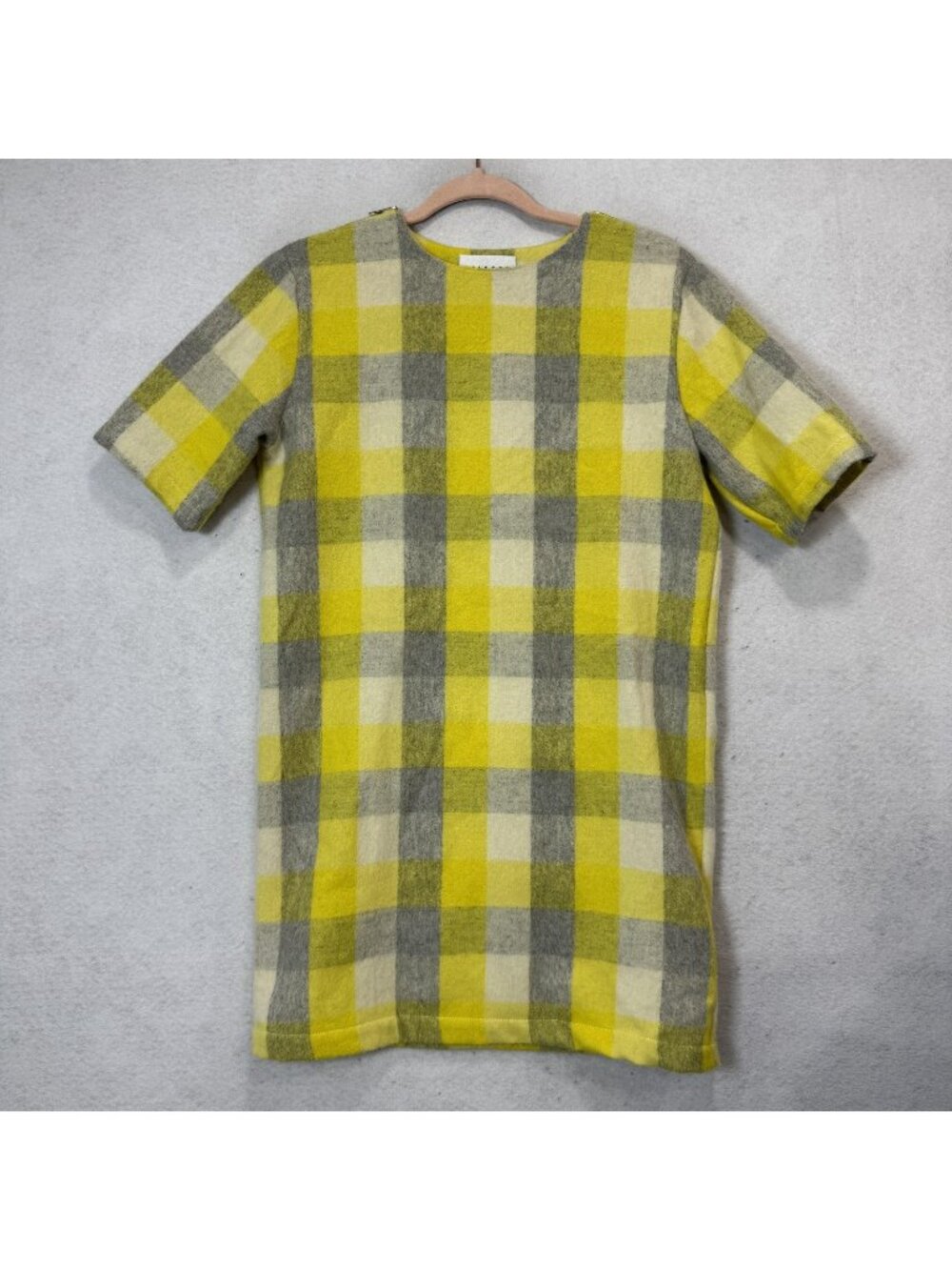 Drifter Sweater Dress Womens Small Yellow Gray Plaid Crew Neck Half Sleeve Knit